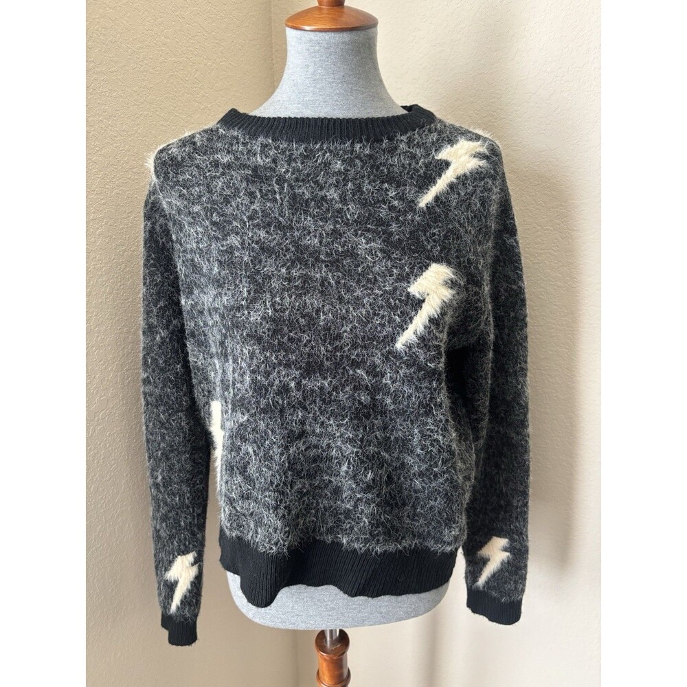 THML Women’s Size XS Black Cream Lighting Bolt Print Fuzzy Pullover Sweater